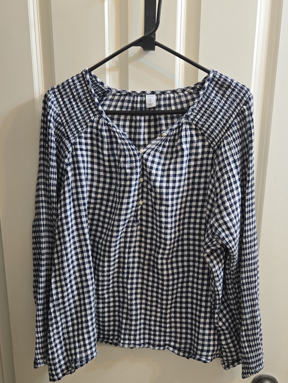 Old Navy Navy and White Gingham Henley Blouse